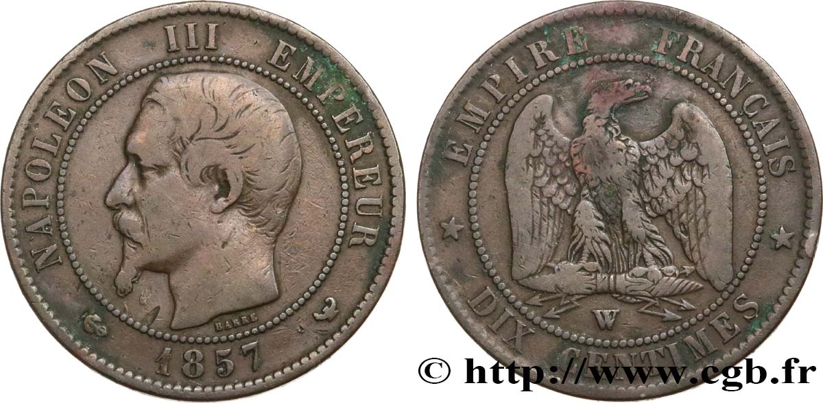 Dix centimes Napoléon III, tête nue 1857 Lille F.133/46 BC 