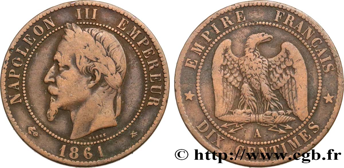 Dix centimes Napoléon III, tête laurée 1861 Paris F.134/4 BC20 