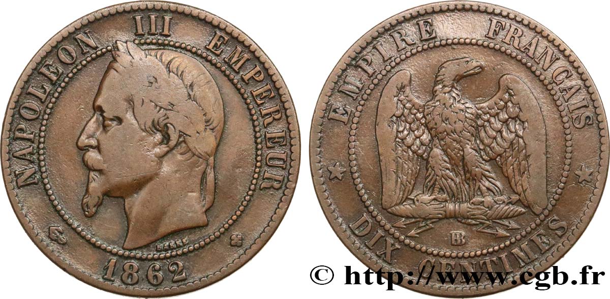 Dix centimes Napoléon III, tête laurée 1862 Strasbourg F.134/8 S20 