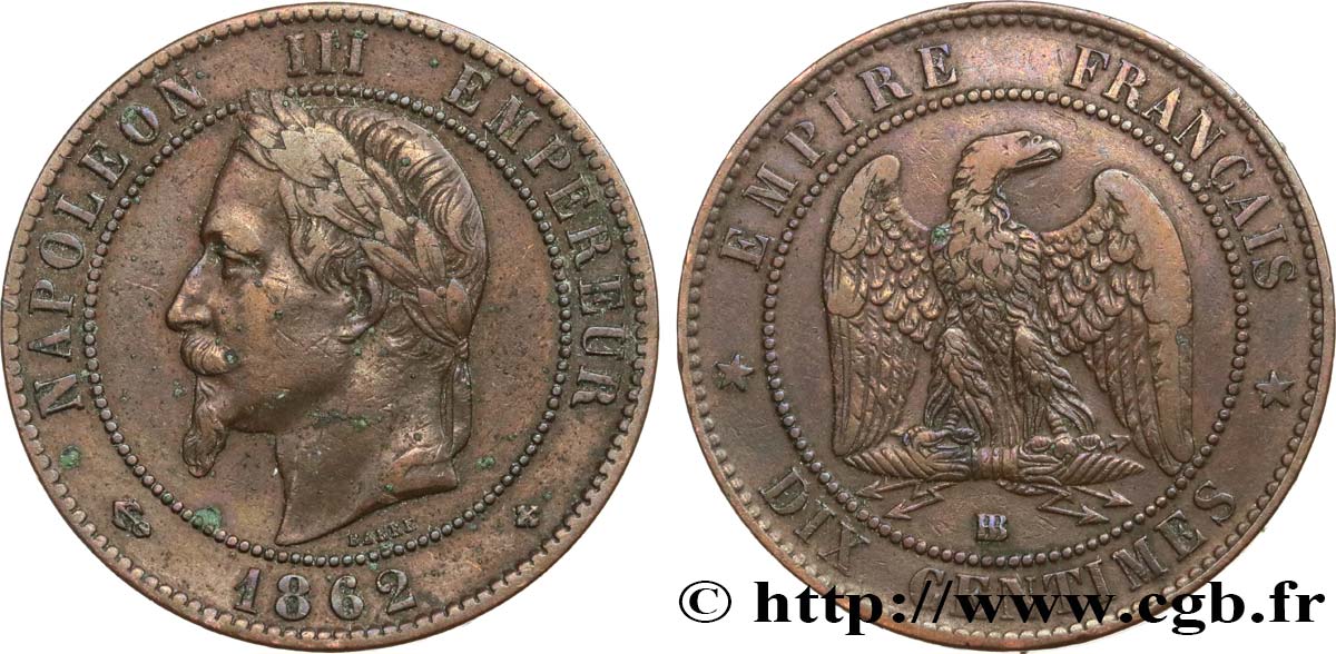 Dix centimes Napoléon III, tête laurée 1862 Strasbourg F.134/8 TB35 