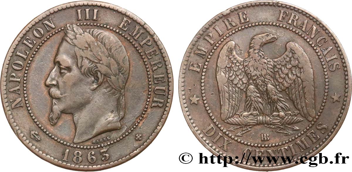 Dix centimes Napoléon III, tête laurée 1863 Strasbourg F.134/11 TB35 