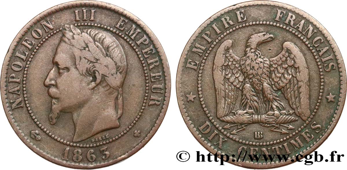 Dix centimes Napoléon III, tête laurée 1863 Strasbourg F.134/11 TB25 