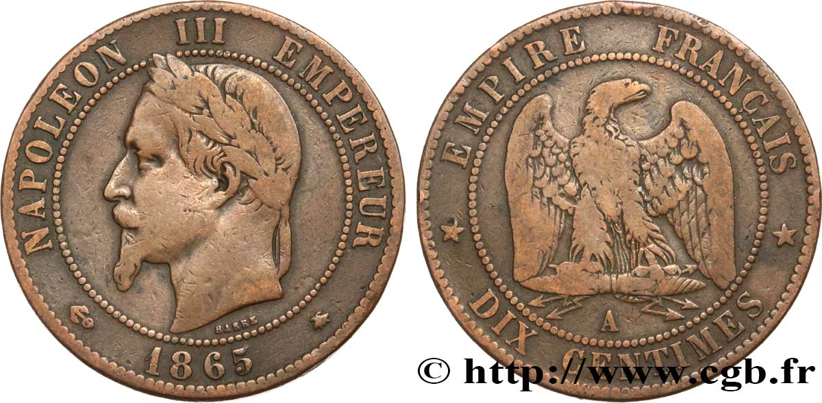 Dix centimes Napoléon III, tête laurée 1865 Paris F.134/16 BC15 