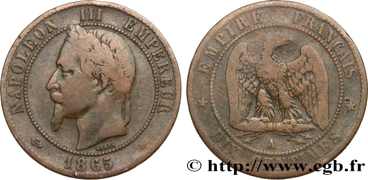 Dix centimes Napoléon III, tête laurée 1865 Paris F.134/16 MB15 