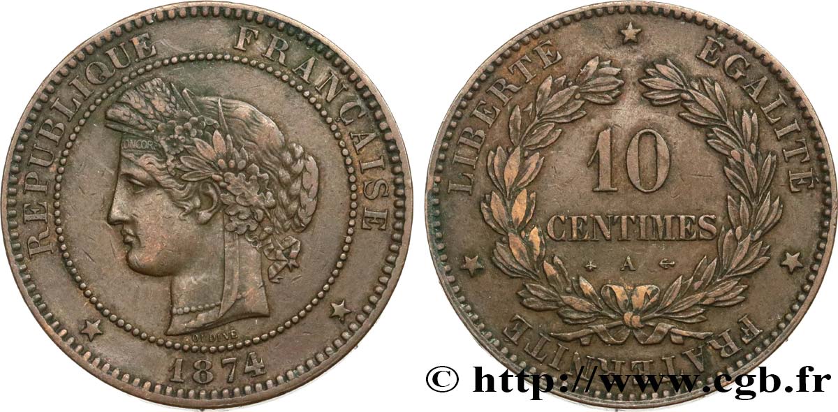 10 centimes Cérès 1874 Paris F.135/12 XF40 