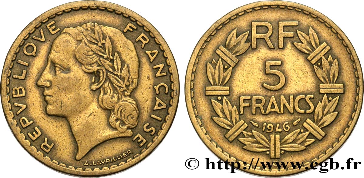 5 francs Lavrillier, bronze-aluminium 1946 Castelsarrasin F.337/8 MB 