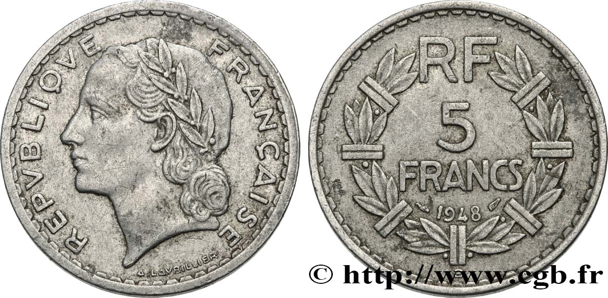 5 francs Lavrillier, aluminium 1948 Beaumont-Le-Roger F.339/15 VF35 
