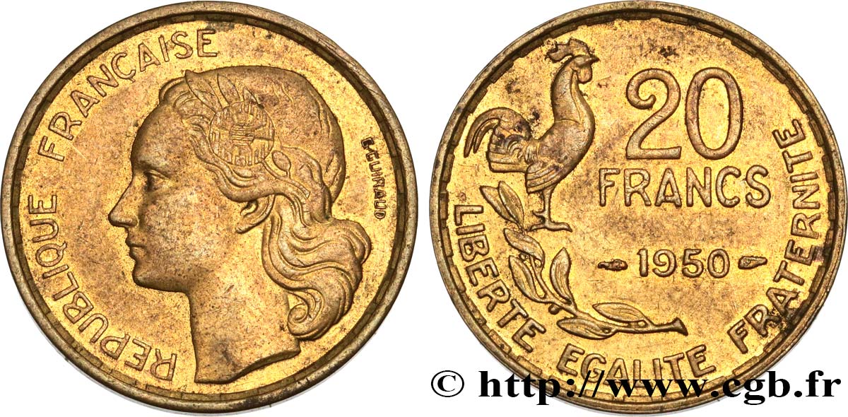 20 francs G. Guiraud, 3 faucilles 1950  F.402/2 AU53 