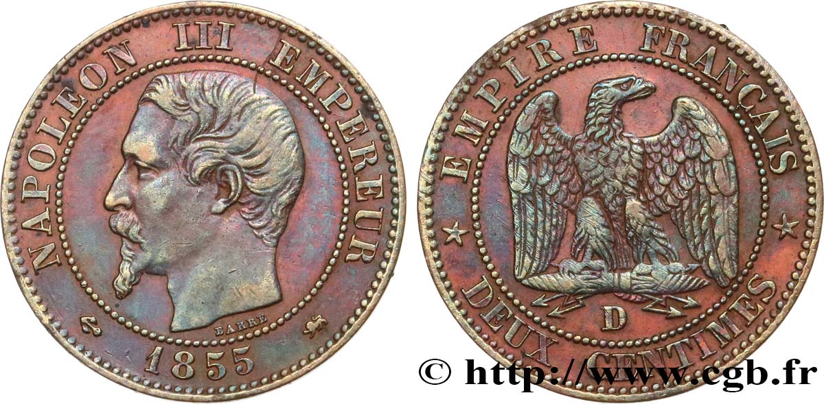 Deux centimes Napoléon III, tête nue 1855 Lyon F.107/28 S35 