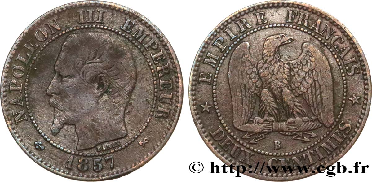 Deux centimes Napoléon III, tête nue 1857 Rouen F.107/45 TB20 