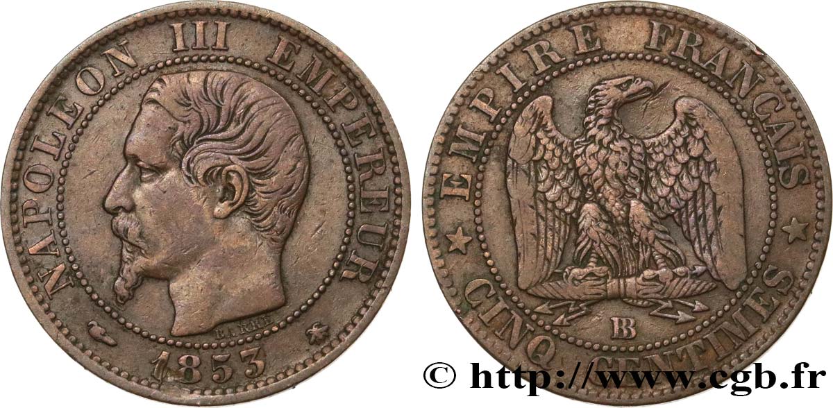 Cinq centimes Napoléon III, tête nue 1853 Strasbourg F.116/3 SS40 