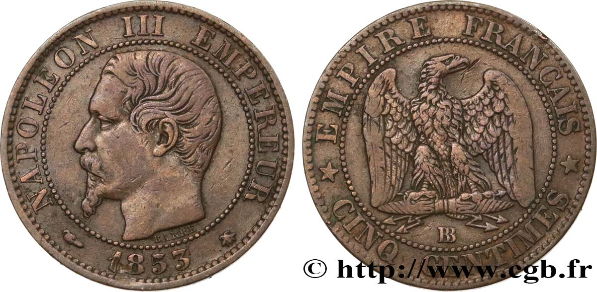 Cinq centimes Napoléon III, tête nue 1853 Strasbourg F.116/3 TTB40 