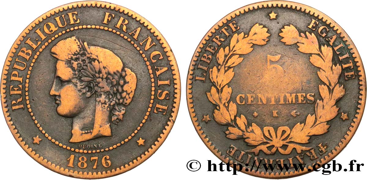 5 centimes Cérès 1876 Bordeaux F.118/14 VF 