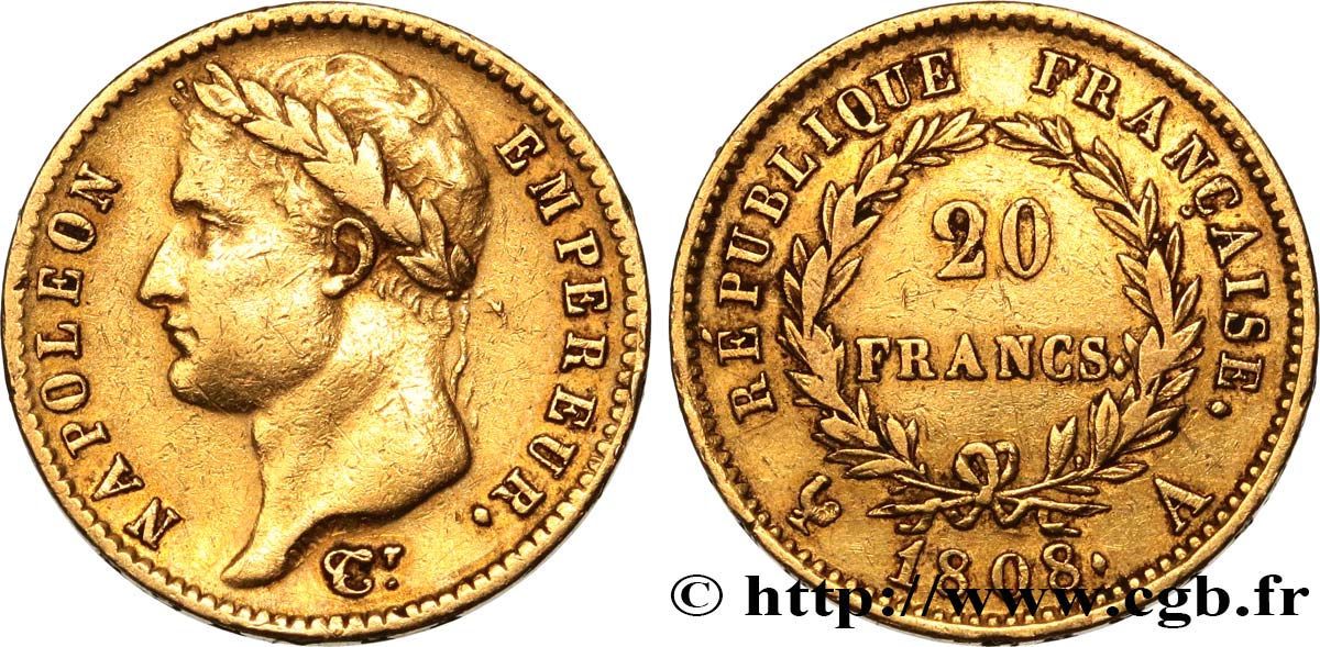 20 francs or Napoléon tête laurée, République française 1808 Paris F.515/2 TTB 