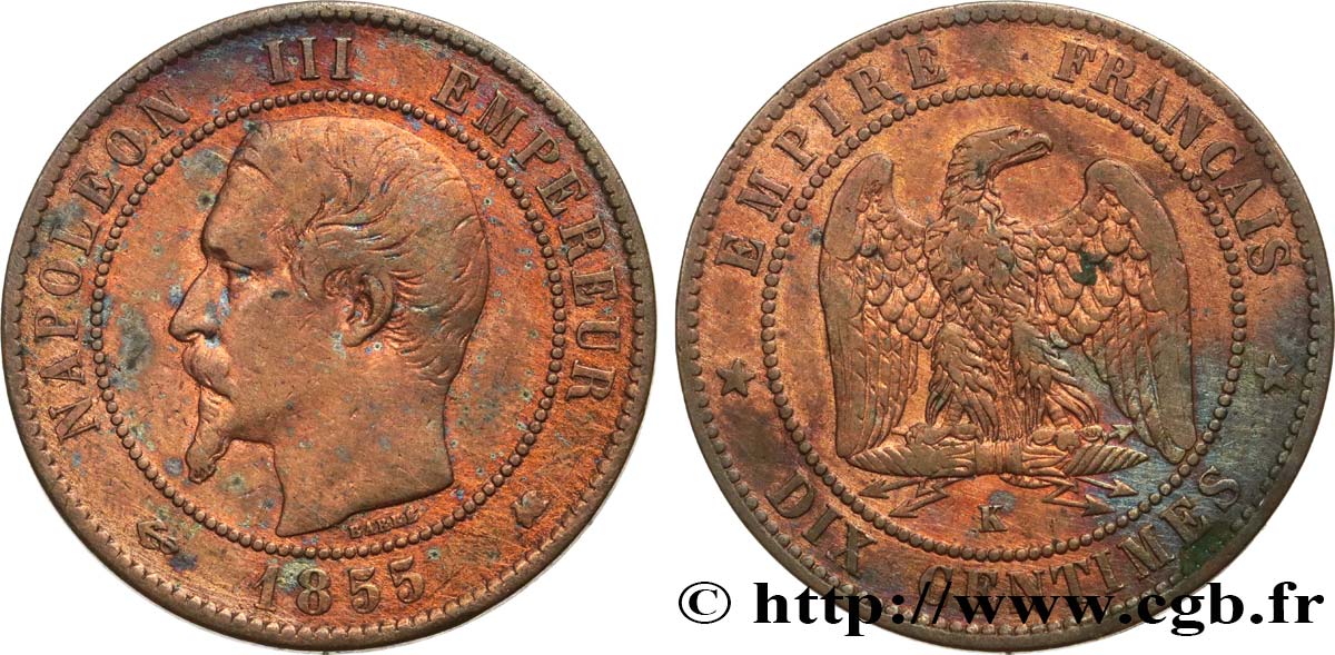 Dix centimes Napoléon III, tête nue 1855 Bordeaux F.133/29 VF 