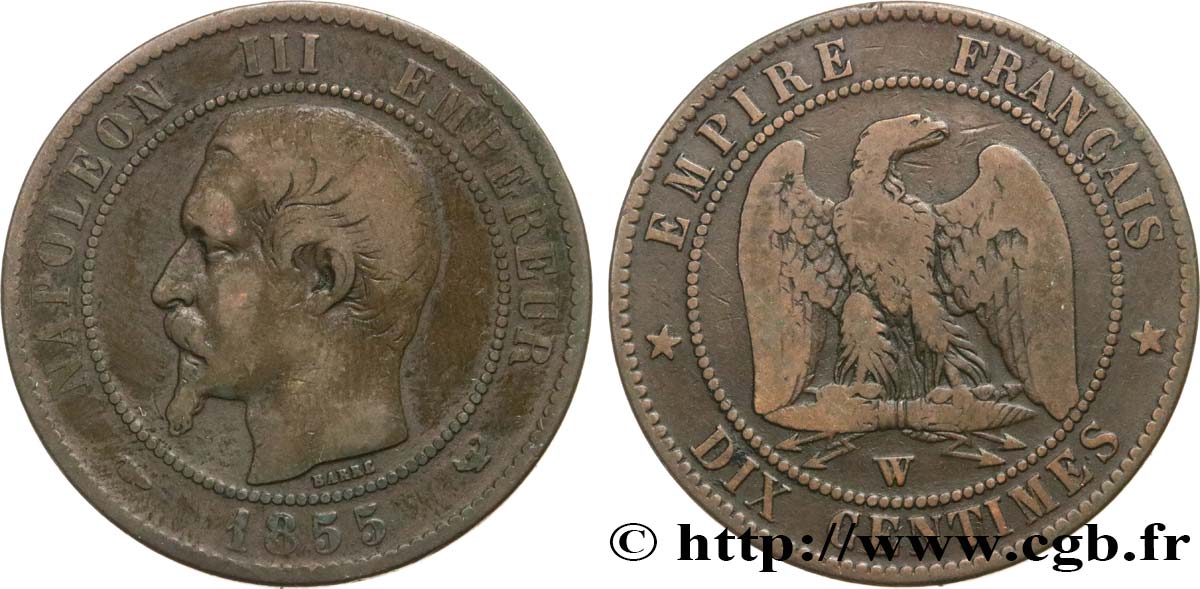 Dix centimes Napoléon III, tête nue 1855 Lille F.133/32 MB20 