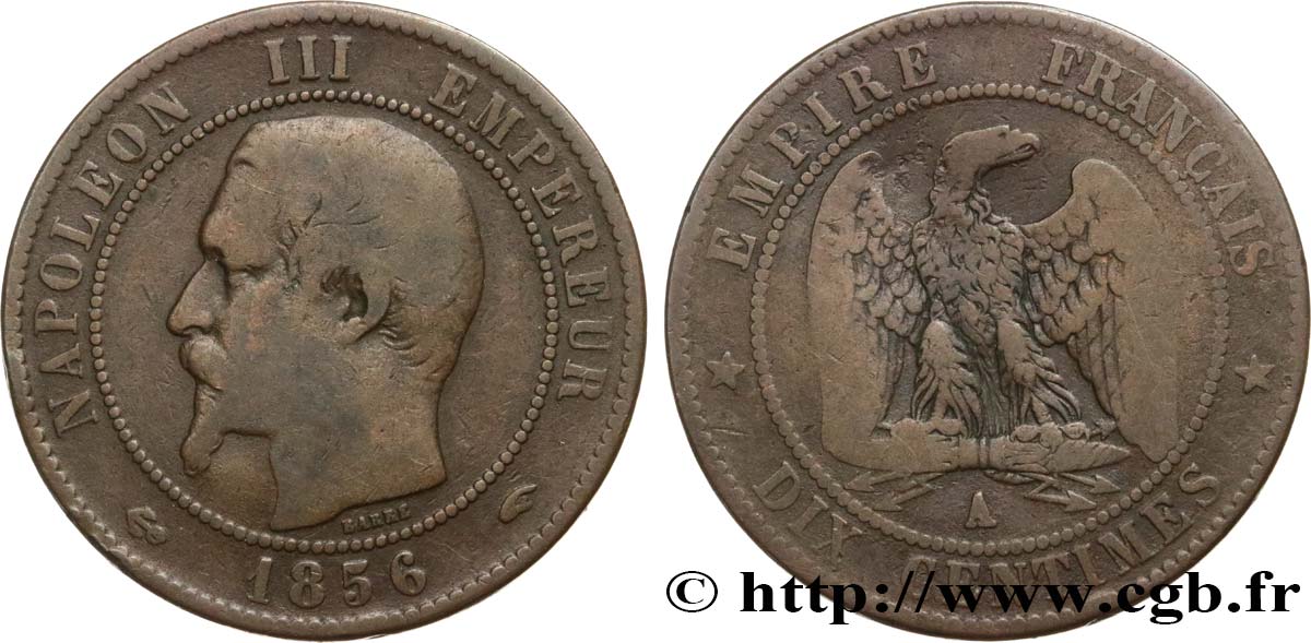 Dix centimes Napoléon III, tête nue 1856 Paris F.133/34 MB15 