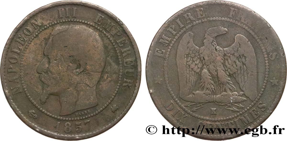 Dix centimes Napoléon III, tête nue 1857 Bordeaux F.133/44 B12 