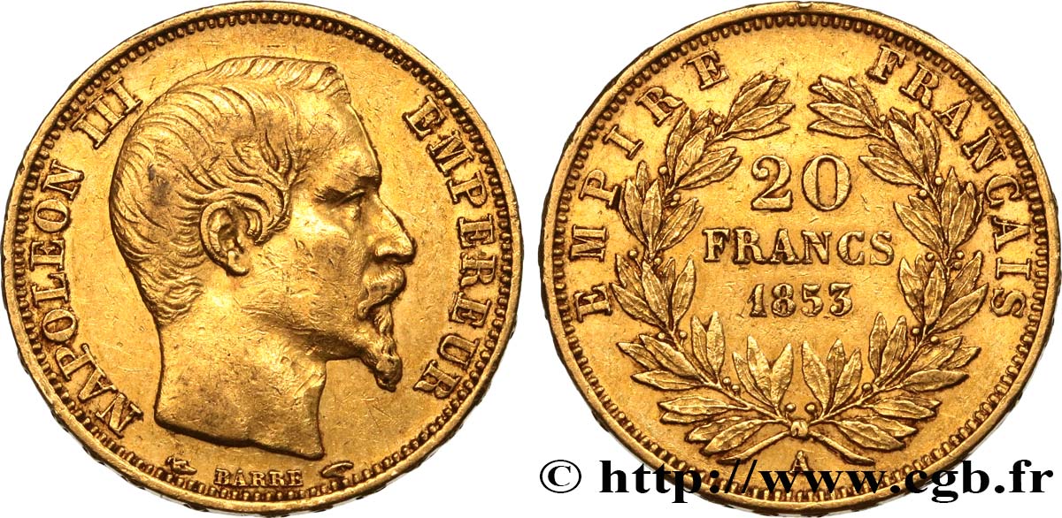20 francs or Napoléon III, tête nue 1853 Paris F.531/1 XF 
