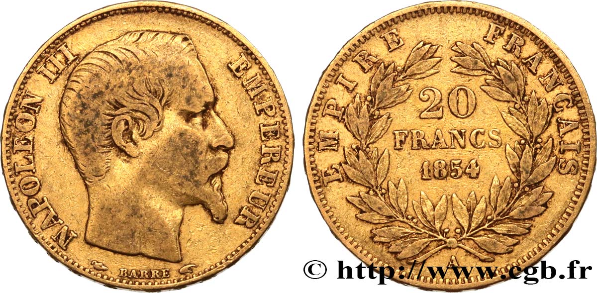 20 francs or Napoléon III, tête nue 1854 Paris F.531/2 TB 