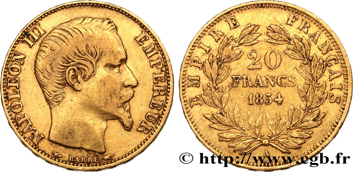 20 francs or Napoléon III, tête nue 1854 Paris F.531/2 XF40 
