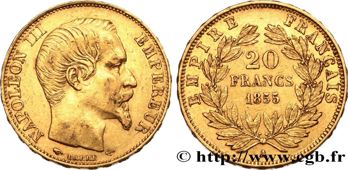 20 francs or Napoléon III, tête nue 1855 Paris F.531/4 SS50 