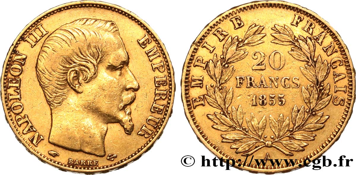 20 francs or Napoléon III, tête nue 1855 Paris F.531/4 TB+ 