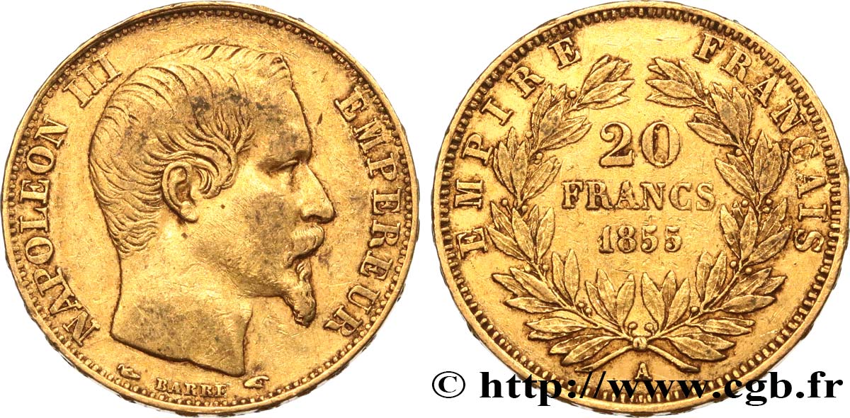 20 francs or Napoléon III, tête nue 1855 Paris F.531/3 XF 