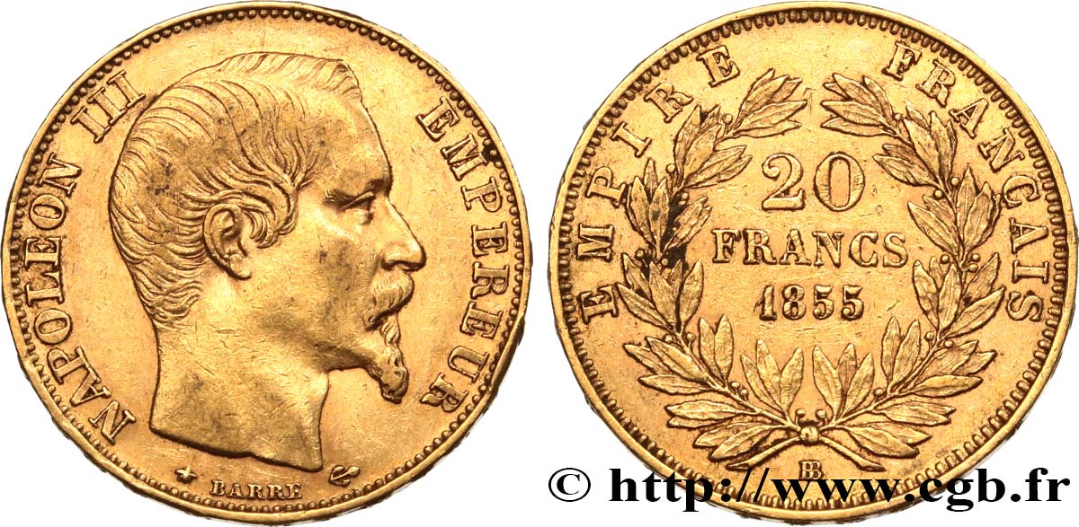 20 francs or Napoléon III, tête nue, différent ancre 1855 Strasbourg F.531/6 MBC45 
