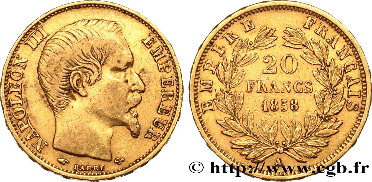 20 francs or Napoléon III, tête nue 1858 Paris F.531/13 XF40 