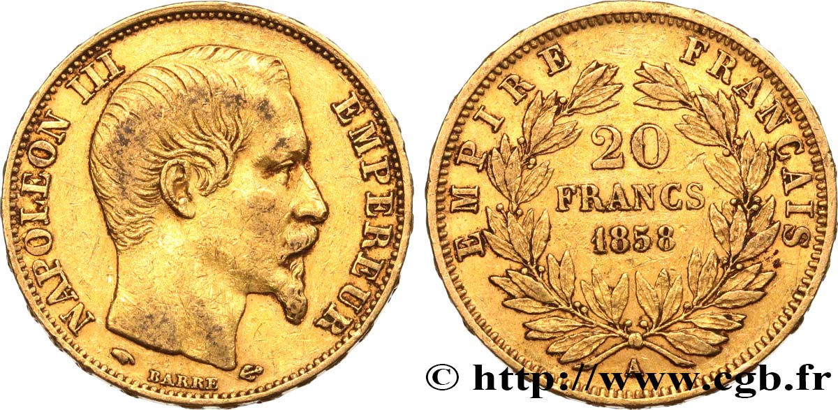 20 francs or Napoléon III, tête nue 1858 Paris F.531/13 XF40 