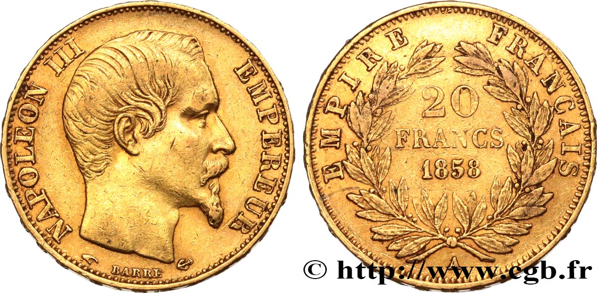 20 francs or Napoléon III, tête nue 1858 Paris F.531/13 XF45 