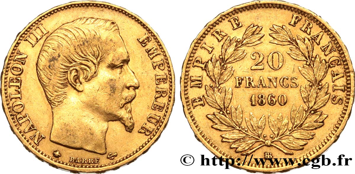 20 francs or Napoléon III, tête nue 1860 Strasbourg F.531/19 BB50 