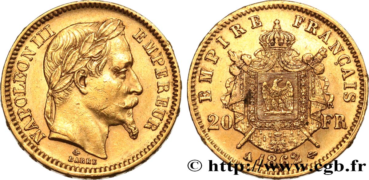 20 francs or Napoléon III, tête laurée 1862 Paris F.532/3 MBC+ 