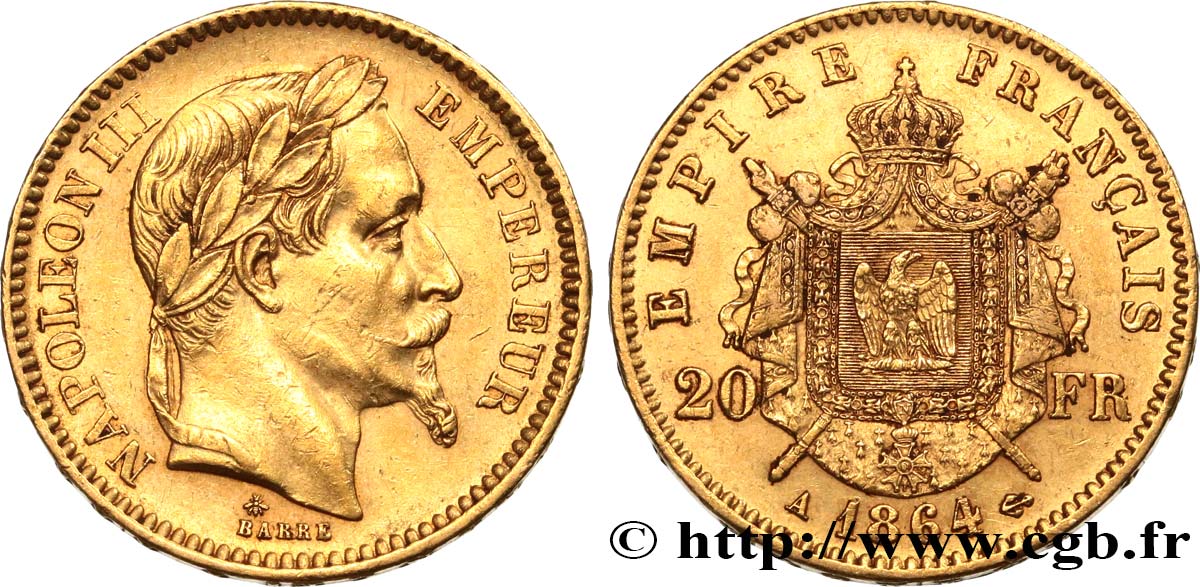 20 francs or Napoléon III, tête laurée 1864 Paris F.532/8 AU 