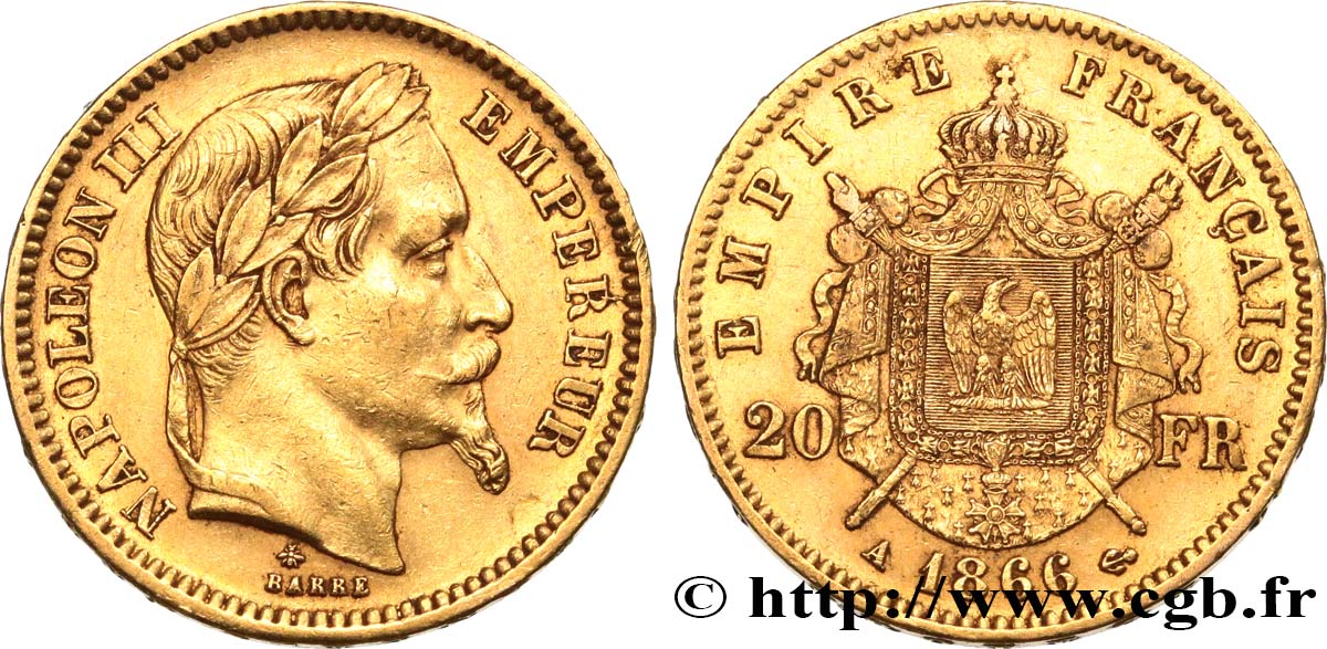 20 francs or Napoléon III, tête laurée 1866 Paris F.532/13 AU 