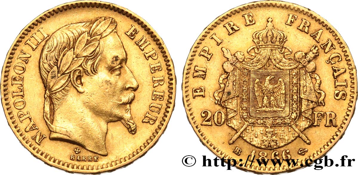 20 francs or Napoléon III, tête laurée 1866 Strasbourg F.532/14 AU50 