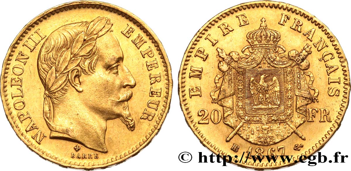 20 francs or Napoléon III, tête laurée, petit BB 1867 Strasbourg F.532/16 MBC53 