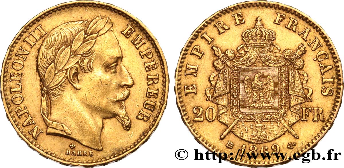 20 francs or Napoléon III, tête laurée, petit BB 1869 Strasbourg F.532/21 AU50 