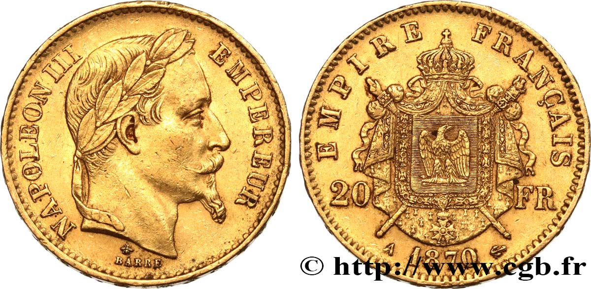 20 francs or Napoléon III, tête laurée 1870 Paris F.532/23 SS50 