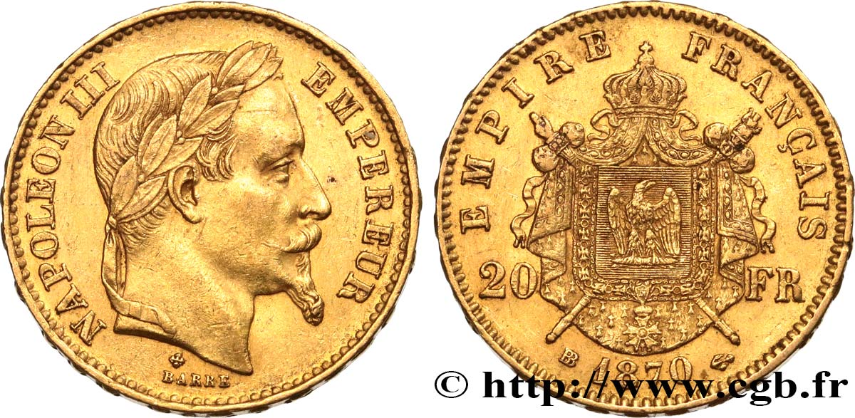20 francs or Napoléon III, tête laurée 1870 Strasbourg F.532/24 AU50 