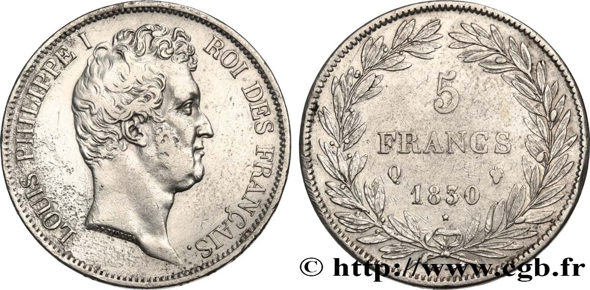 5 francs type Tiolier avec le I, tranche en creux 1830 Perpignan F.315/11 MBC 