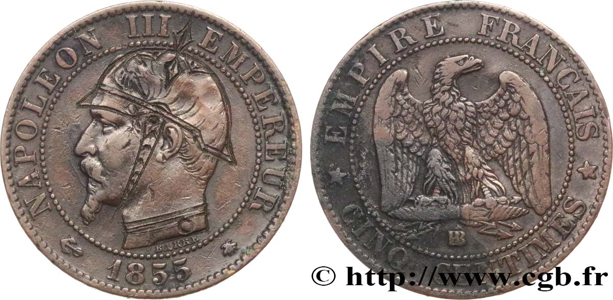 Cinq centimes Napoléon III, tête nue, satirique 1855 Strasbourg F.116/21 var. TB+ 