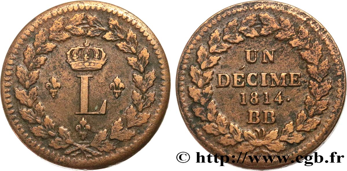 Un décime à l’L couronnée 1814 Strasbourg F.132/1 TB+ 