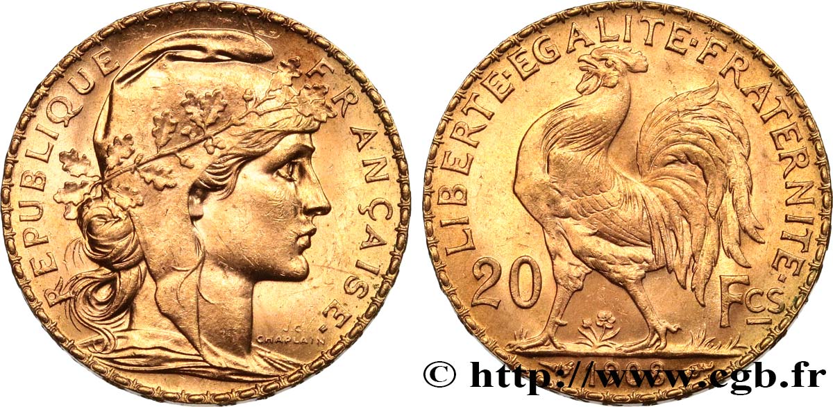 20 francs or Coq, Liberté Égalité Fraternité 1908 Paris F.535/2 SUP+ 