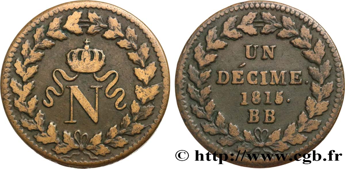 Un décime à l’N couronnée 1815 Strasbourg F.131A/1 TB30 