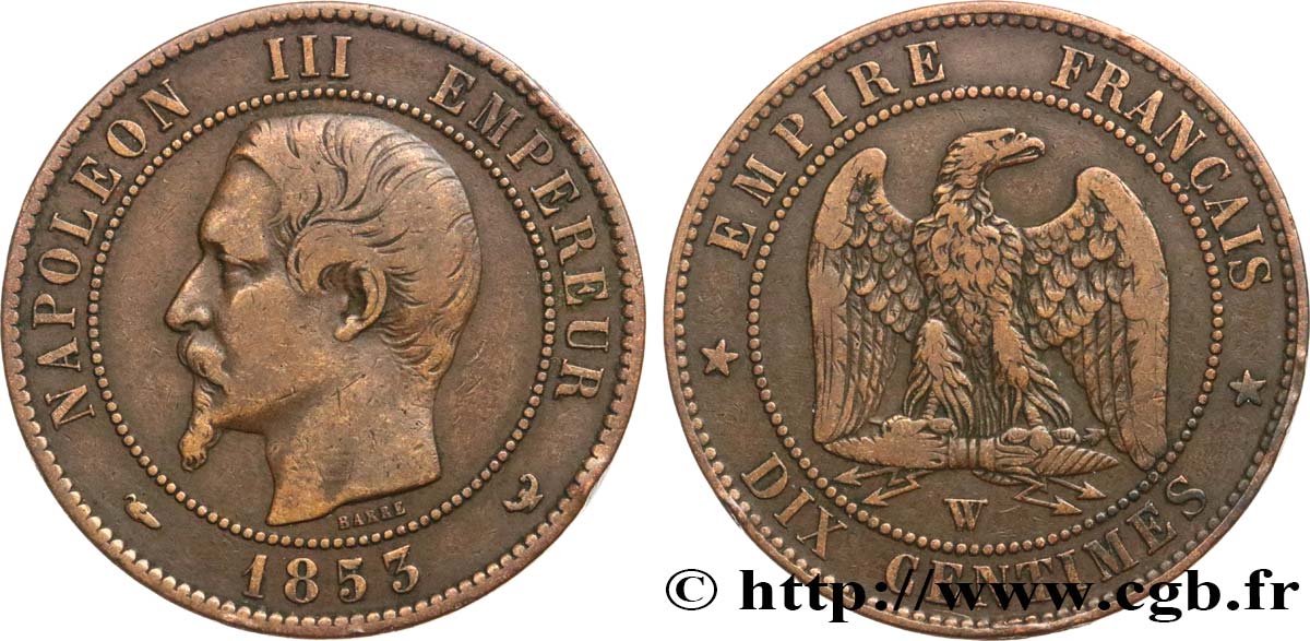 Dix centimes Napoléon III, tête nue 1853 Lille F.133/10 TB30 