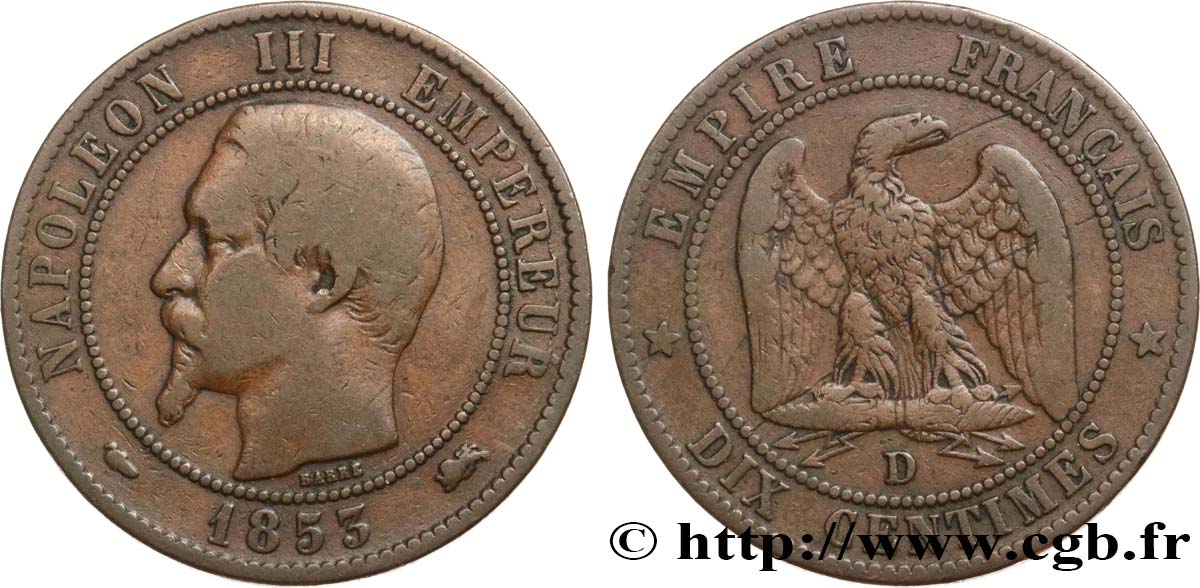 Dix centimes Napoléon III, tête nue 1853 Lyon F.133/5 VF20 