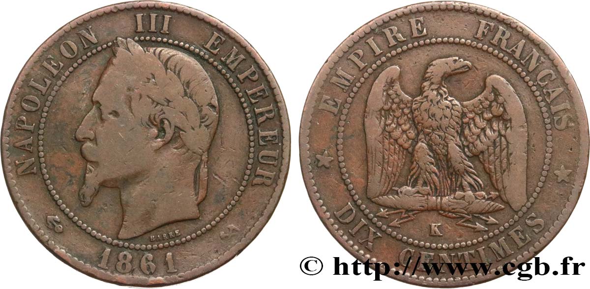 Dix centimes Napoléon III, tête laurée 1861 Bordeaux F.134/6 TB15 