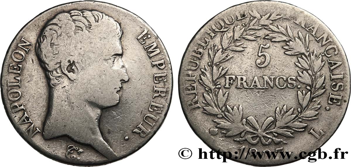 5 francs Napoléon Empereur, Calendrier grégorien 1807 Bayonne F.304/18 BC 